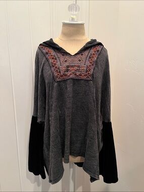 T Party Women’s Charcoal Hooded Sweater with Embroidered Yoke and Sleeves